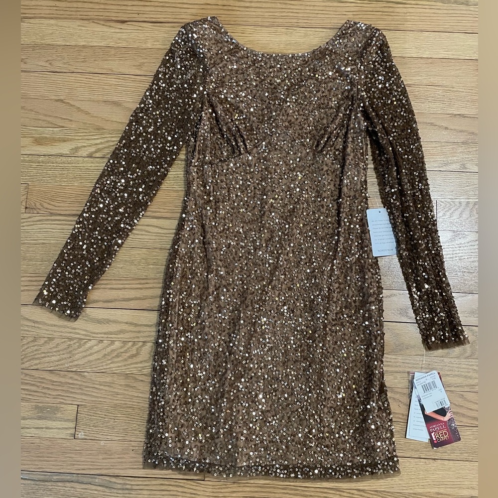 NWT - ADRIANNA PAPELL Red Carpet Golden Brown Sequined Long Sleeve Midi Dress